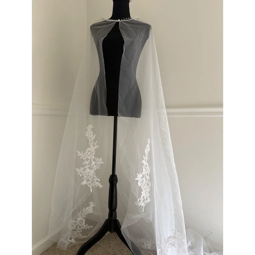 Cathedral Length veil Floral Lace‎ Appliqué Bridal Cape White Tulle 110